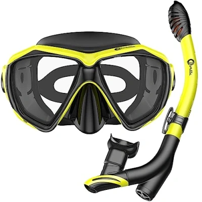 Abbildung von Dorlle Schnorchelset Schnorcheln Set mit Schnorchel und Taucherbrille，wasserdichte Tauchmaske Anti Fog Leck aus Gehärtetem Glas，mit 3 Kanal Premium Dry für Erwachsene ，Schwarz/Gelb