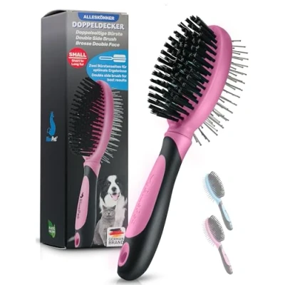 Abbildung von BluePet 2in1 Hundebürste für Langhaar &amp; Kurzhaar Auch Welpen Katzen I Glätten, Entwirren, Ausbürsten Das Allround Talent Borstenbürste (Rosa, S M)
