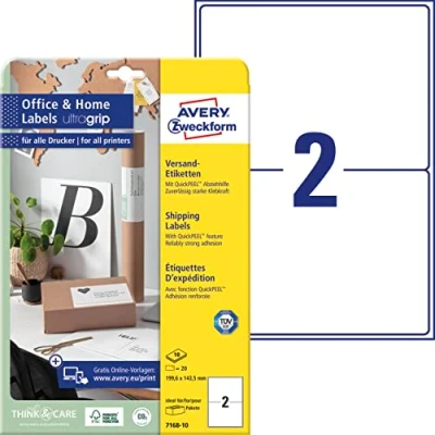 Abbildung von AVERY Zweckform 7168 10 Versandetiketten (20 Etiketten, 199,6x143,5mm auf A4, FSC, bedruckbare Versandaufkleber mit ultragrip, selbstklebende Klebeetiketten, DHL, ideal fürs HomeOffice) Blatt, weiß