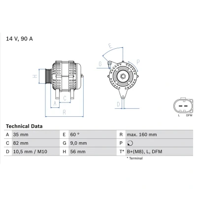 Abbildung von BOSCH 0 986 044 300 Lichtmaschine 14V 90A VOLKSWAGEN: Passat B5 GP Estate, Saloon, AUDI: A4 Avant, A6 C5 Saloon