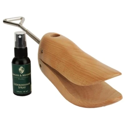 Abbildung von Langer &amp; Messmer Schuhdehner und Stiefeldehner für die Zehenbox Herren gegen drückende Schuhe gefertigt aus massivem Buchenholz inkl. Lederdehnerspray 50ml (Schuh, 44/47)