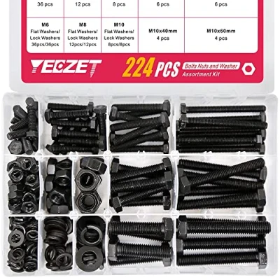 Abbildung von YEEZET 224 Stück Schrauben M6 M8 M10 verzinkt 8.8 Sechskantschrauben,Unterlegscheiben, Federringe und Muttern Sortiment Kit