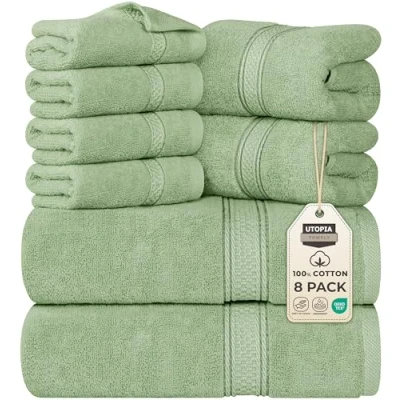 Abbildung von Utopia Towels 8 teiliges Handtuch Set, Salbeigrün, 2 Badetücher, Handtücher und 4 Waschlappen, 100% Baumwolle
