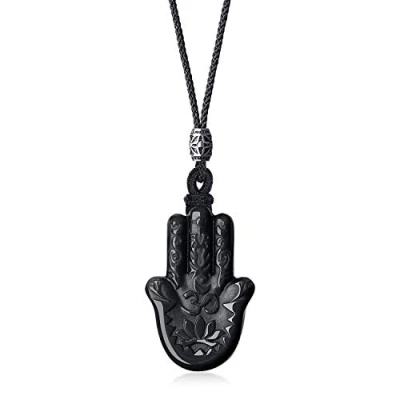 Abbildung von COAI Geschenkideen Unisex Verstellbare Lange Kette aus Obsidian Anhänger mit Gravur Hamsa Hand der Fatima Silber Charm