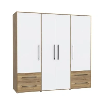 Abbildung von FORTE Jupiter Schrank 200 210, weißer Kleiderschrank, Drehtürenschrank, 4 türig, mit Schubladen und Einlegeböden, Weiß Holz Dekor: Mauvella Eiche, 206 cm breit x 59 tief hoch