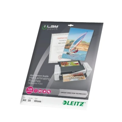 Abbildung von Leitz Heißlaminierfolien A3 125 mic, Laminierfolien in Premium Qualität im 25er Pack, Glänzend, Transparent, Vereinfachtes Einlegen durch UDT, iLAM, 74890000
