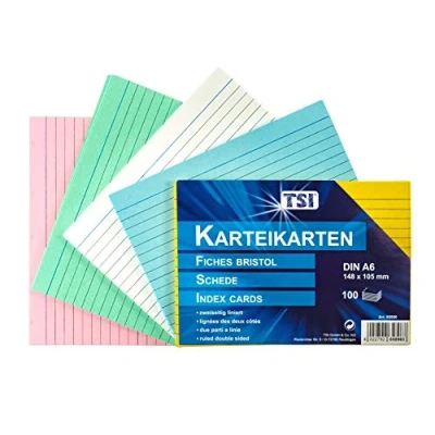 Abbildung von TSI Karteikarten farbig sortiert, 100er Packung, liniert, Größe: DIN A6 (148 x 105 mm), Art. Nr. 65896