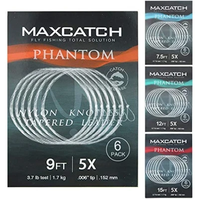 Abbildung von MAXIMUMCATCH Fliegenvorfach mit Schlaufe transparent Tapered Leader 5 Pack 7,5/9/12/15ft, 0X 7X (12ft, (5 Stück))