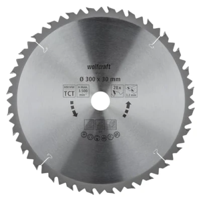 Abbildung von wolfcraft Tischkreissägeblatt HM 6741000 Ø 300 mm, 28 Zähne schnelle, grobe Arbeiten an Holz und Spanplatten Längs Querschnitte Wechselzahn