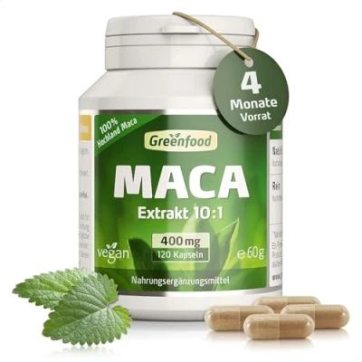 Abbildung von Hochland Maca, Wurzelextrakt (10:1), 400 mg, 120 Kapseln, hochdosiert original Maca aus Peru. ohne künstliche Zusätze, Gentechnik. Vegi Kapseln. Vegan.