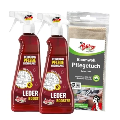 Abbildung von POLIBOY Leder Booster Reinigendes Lederpflegemittel für Kleidung und Möbel Lederreiniger Mit Pflegewirkung 2X 375 ml Baumwolltuch Made in Germany
