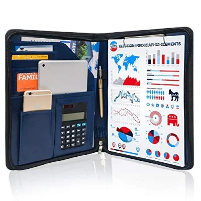Abbildung von GraduatePro Klemmbrettmappe A4 mit Deckel Reißverschluss Leder Organizer Mappe Dokumentenmappe Ordner Clipboard Outdoor Blau