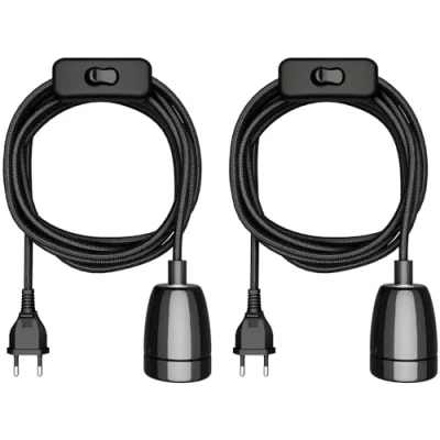 Abbildung von ledscom.de 2 Stück Textilkabel LEHA II, Stecker, Schalter, schwarz, 3 m, Porzellan Fassung, 1x E27 max. 300W