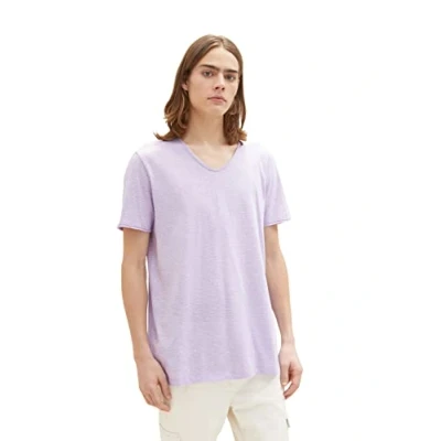 Abbildung von TOM TAILOR Denim Herren T Shirt mit V Ausschnitt 1035849, 31352 lilac white fine yd stripe, XL