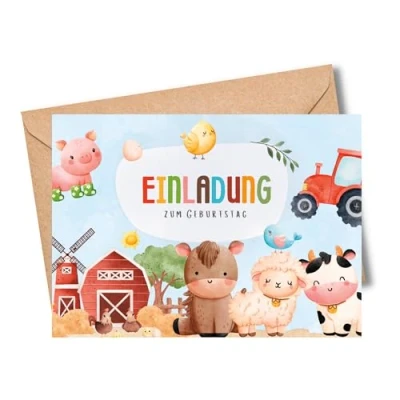 Abbildung von MeinBaby123® 10 Einladungskarten Kindergeburtstag für Jungs Bauernhof Geburtstagseinladungen Kinder Traktor inkl. Briefumschläge Premium Qualität (Bauernhof V1)
