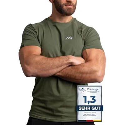 Abbildung von Natural Athlet Slim Fit Fitness Tshirt für Herren Enges &amp; langes atmungsaktives Männer Kurzarm Gym T Shirt Sport, Gym, Fitnessstudio, Workout, Bodybuilding und Krafttraining Olive