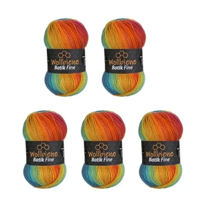Abbildung von 5 x 100g Wollbiene Batik Fine 500 Gramm Wolle mit Farbverlauf mehrfarbig Multicolor Strickwolle Häkelwolle (2060 beere orange grün türkis)