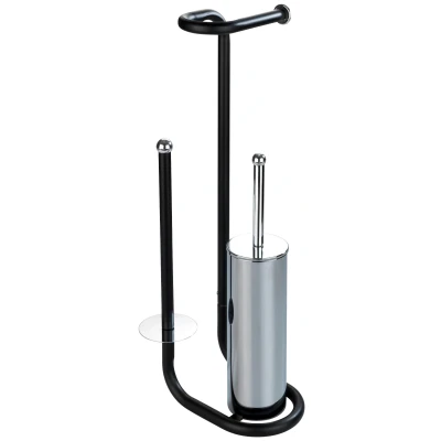 Abbildung von WENKO Stand WC Garnitur Universalo Schwarz, mit integriertem Toilettenpapierhalter und Bürstenhalter, aus lackiertem Stahl, 20 x 62,5 23 cm, Schwarz