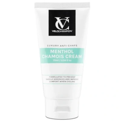Abbildung von VeloChampion Luxus Chamois Sitzcreme zum Radfahren &amp; Laufen Menthol Anti Scheuer Creme. Reduziert Reibung im Sattel, an den Oberschenkeln Füßen (75ml)