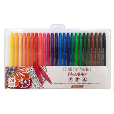 Abbildung von Alpino Filzstifte mit doppelter Spitze Color Experience Etui 24 Stück Marker für Mandalas und Lettering Fine Liner 0,7 mm, Pinselspitze 2,9 dreieckige Form, ergonomisch