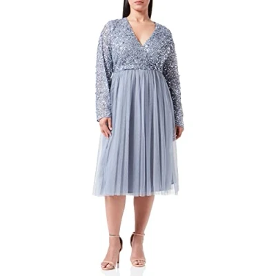 Abbildung von Maya Deluxe Women&#039;s Faux Warp Front Embellished Midi Bridesmaid Dress, Navy, 44,Dusty Blue,34