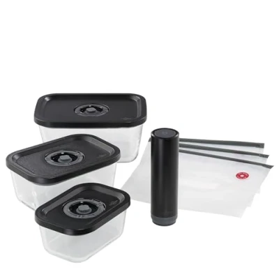 Abbildung von Küchenprofi EASYFRESH Vakuum Set 7 teilig 1x Vakuumpumpe elektrisch, Vakuumdose S, M und L, 3x Vakuumbeutel 22x21 cm Borosilikatglas, hochwertiger Kunststoff Zubereitung Aufbewahrung