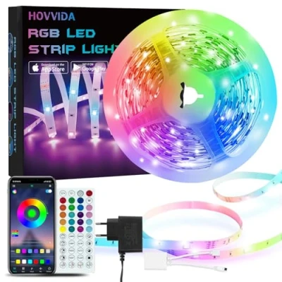Abbildung von HOVVIDA LED Strip 5M, 30 LEDs/Meter, 150 LED, RGB Streifen, APP und Fernbedienung, Musikmodus, Timing Modus, für Zimmer, Wohnzimmer, Küche, Schlafzimmer, Bar, Party