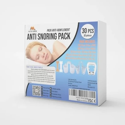 Abbildung von Anti Schnarch Gerät für verschiedene Arten von Schnarchern (30er Pack) mit Nasenlöchern, Nasenklammern und Nasenstreifen eine Schnarchlösung alle Mobi Lock