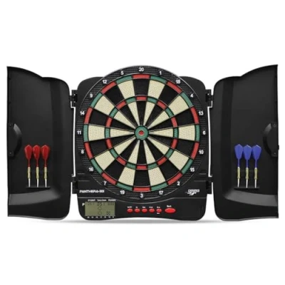 Abbildung von Carromco Kabinett Dartscheibe elektronisch mit Türen, 4 Loch, Panthera 301, rot grün beige schwarz für 1 8 Spieler Pfeilen, batteriebetrieben, 32 Spiele/500 Variationen (inkl. Cricket)