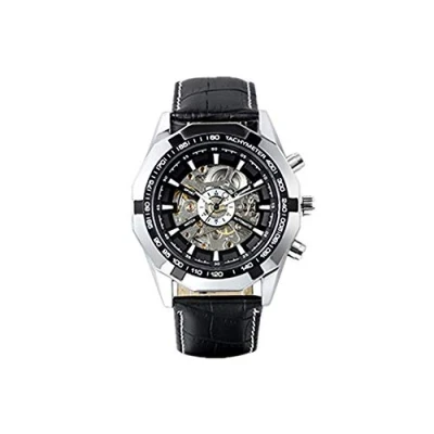 Abbildung von JewelryWe Herren Armbanduhr, Analog Quarz, Fashion Business Casual Mechanische Automatische Uhr mit Leder Armband, Schwarz Bezel Skelett Zifferblatt