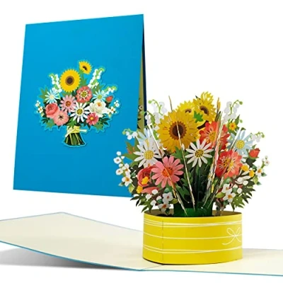 Abbildung von Glückwunschkarte mit 3D Blumenstrauß Pop Up Karte fröhlich bunten Blumen z. B. als Geburtstagskarte, Gute Besserung Karte, Dankeskarte, Gutschein, F24