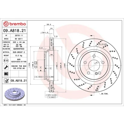 Abbildung von BREMBO 09.A818.21 Bremsscheibe 320 24 5 gelocht/innenbel. beschichtet hochgekohlt mit Schrauben MERCEDES BENZ: SL Convertible