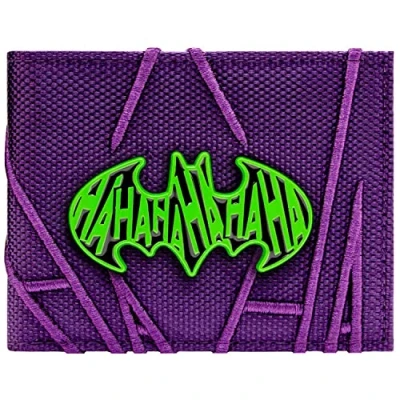 Abbildung von The Dark Knight Joker Gesticktes Hahaha Metallabzeichen Geldbörse/Geldbeutel Bi Fold ID &amp; Kartenhalter, Lila