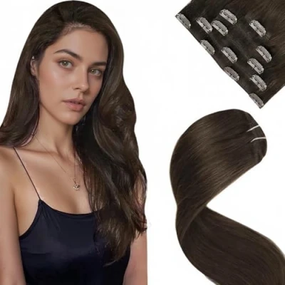 Abbildung von LaaVoo Clip in Extenisons Braun Haarverlängerung Echthaar Remy Natürlich Extensions Doppelt Tressen 45cm 80Gramm/5Stück