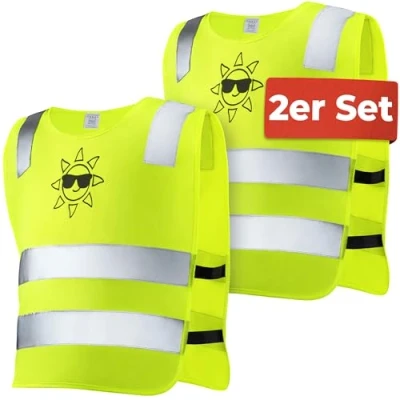 Abbildung von Prowiste 2er Kinder Weste Set Gelb 𝗦𝘁𝗮𝗿𝗸 𝗦𝗶𝗰𝗵𝘁𝗯𝗮𝗿 Universal Größe 2 12 Jahren Geprüfte EN 1150:1999 Zertifizierung