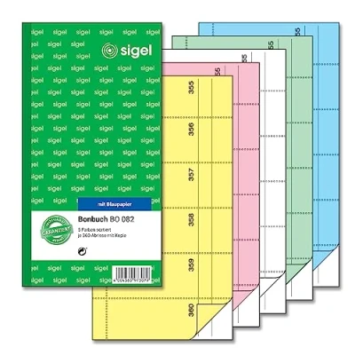 Abbildung von SIGEL BO082 Bonbücher Sparpack im 5er Set á 360 Abrisse in gelb, rosa, weiß, grün, blau, 10,5 x 20 cm, 2x60 Blatt (jeweils nummeriert von 1 360)
