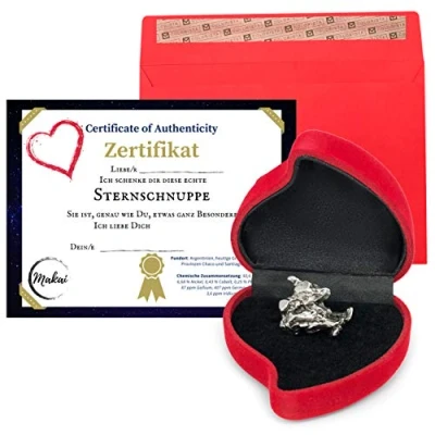 Abbildung von Makai echter Meteorit Sternschnuppe mit Echtheits Zertifikat und individueller Widmung zum selber beschriften &amp; Geschenkbox (Herzbox Zertifikat)