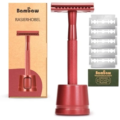 Abbildung von Bambaw Metall Rasierer Klassisch mit Rasierhobel Halter Nassrasierer Herren und Damen 5 Rasierklingen für Eco Safety Nachhaltig Rot