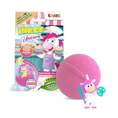 Abbildung von INKEE UNICORN PROFESSIONS Badebombe Kinder mit Überraschung 1 von 6 verschiedenen Einhörnen zum Sammeln Badekugel 100g Bananenmilchshake Aroma und Jojobaöl, Rosa oder Grün