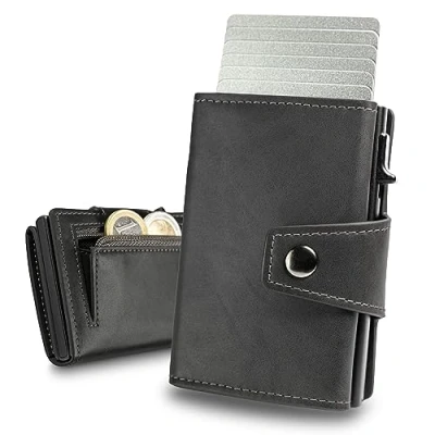 Abbildung von slimfin® Slim Wallet Maxi mit Münzfach Kartenetui Geldbeutel Herren Geldbörse Portemonnaie Portmonee Card Holder klein/Mini RFID Schutz Grau