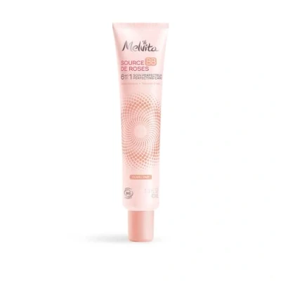 Abbildung von Melvita BB Creme Source de Roses Gold 100% natürliche Pigmente Bio zertifiziert ohne Silikon Deckkraft Vereinheitlicht und kaschiert Unvollkommenheiten 6 in 1 Tube 40 ml