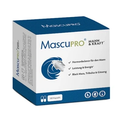 Abbildung von MascuPRO® Mann &amp; Kraft Vorteilsbox, 20:1 Black Maca, Tribulus Terrestris, Bockshornklee, Cordyceps, Zink Aminosäuren 180 Kapseln für Energie, Leistung Hormonbalance
