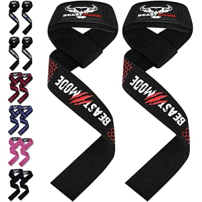 Abbildung von BEAST RAGE Zughilfen für Krafttraining (Fitness Straps) Kreuzheben Gurte Frauen Männer (Gepolstert) Gewichthebergurte Baumwolle Handgelenkstütze Griffe Hantel Bar (Lifting (Gel Schwarz)