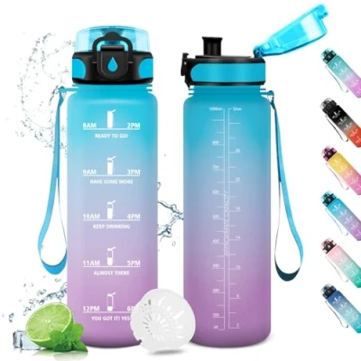 Abbildung von Trinkflasche Sport 1L, Trinkflaschen Kohlensäure Geeignet, Wasserflasche Auslaufsicher mit Zeitmarkierung, Filter, Sportflasche für Fitness, Gym, Schule, Outdoor, Yoga