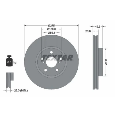 Abbildung von TEXTAR PRO 92142003 Bremsscheibe 275 28 05/07 100 innenbelüftet beschichtet ohne Radbefestigungsbolzen, Radnabe TOYOTA: Celica VI Coupe