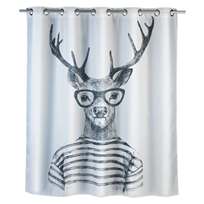 Abbildung von WENKO Anti Schimmel Duschvorhang Mr.Deer Flex, Textil Vorhang mit Antischimmel Effekt, große integrierte Ringe zur Befestigung an der Duschstange, waschbar,wasserabweisend, 180 x 200 cm