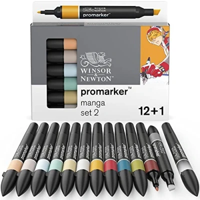 Abbildung von Winsor &amp; Newton 0290140 ProMarker, Professioneller Layoutmarker 2 Spitzen, fein und breit für Zeichnungen, Design Layouts 13 Farben Set Manga
