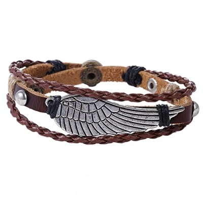 Abbildung von Morella Damen Lederarmband geflochten braun mit Anhänger Engelsflügel