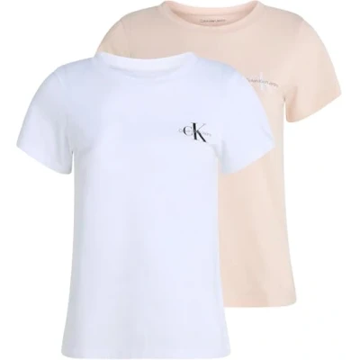 Abbildung von Calvin Klein Damen 2er Pack T Shirts Kurzarm Monologo Tee Slim Fit, Mehrfarbig (Silver Peony / Brilliant White), S