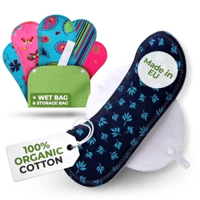Abbildung von Waschbare Binden bio Baumwolle; 6 Pack + Tasche (Größe S+M) MINI Stoffbinden MADE IN EU; wiederverwendbare Waschbar; für Menstruation; Baumwollbinden Damenbinden waschbar